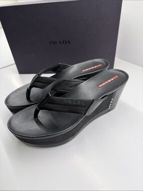 Prada Black Wedge Thong Sandals